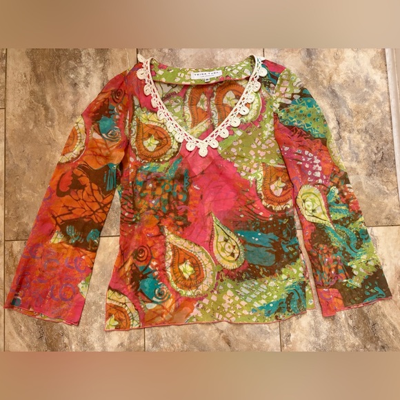 Trina Turk Tops - Vintage Trina Turk Sheer Paisley Blouse With Crochet/Pearl Neckline Women’s Sml